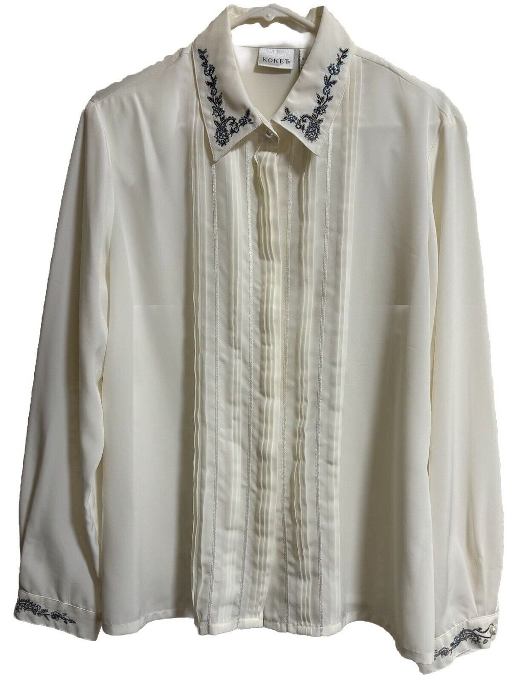Vintage Button Up Blouse Embroidered Floral Faux Pearls Cottage Formal Size 14